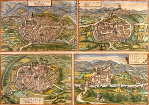 Mapa de Weissenburg (Wissenburgum) en Alemania, Rouffach (Rubeacum) y Colmar (Colmaria) en Francia y Baden en Suiza de Franz Hogenberg