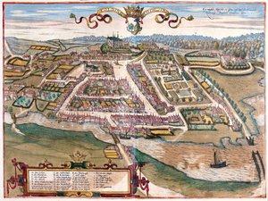 El puerto de Kolding en la península de Jutlandia, Dinamarca (grabado) de Franz Hogenberg