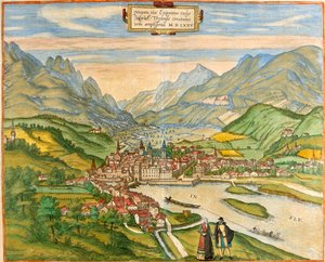 Vista de Innsbruck (Oenipons o Enipontus), Austria (aguafuerte) de Franz Hogenberg