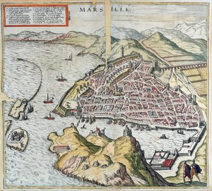Vista de Marsella en el siglo XVI, mostrando el hospital para leprosos en la parte inferior izquierda, de 