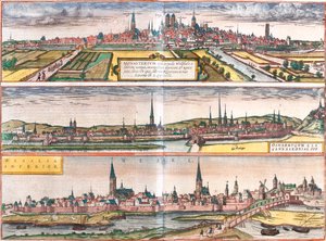 Vista de Munster (Monasterium), Osnabruck (Osnabrugum) y Wesel (Weselia), Alemania de Franz Hogenberg