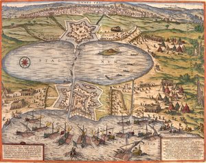 Vista de Túnez, Túnez, con la fortaleza de Goulette que controla el acceso al lago de Túnez y la nueva fortaleza frente a las murallas de la ciudad (grabado)