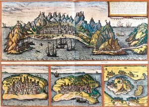 Vistas de Adén (Yemen), Mombasa (Mombaza) (Kenia), Kilwa Kisiwani (Quiloa) (Tanzania) y Cefala Diana (Cefala) (Sicilia, Italia) de Franz Hogenberg