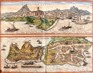 Vistas de Candia (Candia), actual Heraklion en la isla de Creta y Corfú o Corcyra (Corphu), isla griega de Franz Hogenberg