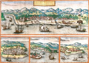 Vistas de Kozhikode o Calicut (India), Ormuz (Irán), Cannanore o Kannur (India) y San Jorge de la Mina o Elmina (Ghana) de Franz Hogenberg