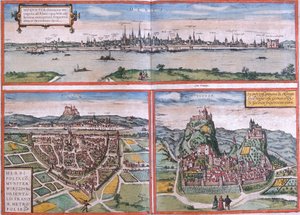Vistas de Maguncia (Moguntia), Wurzburgo, Alemania y Sion (Sedunum) en Suiza de Franz Hogenberg