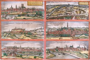 Vistas de Múnich (Monacum), Ingolstadt (Ingolstadium), Freising (Frisingensis), Nordlingen (Nordlinga), Ratisbona (Ratispona) y Straubing (Stravbinga), Alemania de Franz Hogenberg