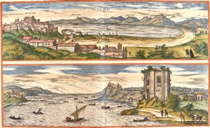 Vistas de Pozzoli (Puteoli) y Bays (Baiae) (actual Baia), Italia, con los restos antiguos de los baños termales del Golfo de Nápoles y una fortaleza de Franz Hogenberg