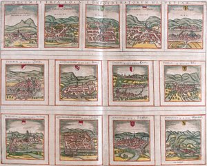 Vistas de las principales ciudades de la Confederación Suiza: Schwytz (Svicia), Zug (Tugium), Glaris (Glarona), Bale (Basilea), Zurich (Tugurum), Bern (Ursina), Lucerna (Lucerna), Uri (Ursella), Friburgo (Frigurgum), Solothurn (Soloturensis), Schaffhausen  de Franz Hogenberg