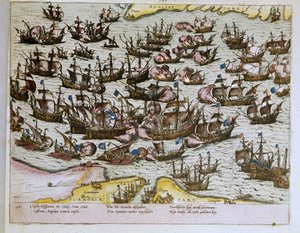 La derrota de la Armada Invencible Española por las costas inglesas el 08/08/1588, ilustración de 1653 (grabado) de Franz Hogenberg