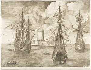 Cuatro mástiles y dos tres mástiles anclados cerca de una isla fortificada con un faro, de Los barcos de vela