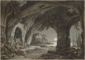 Paisaje ideal con gruta de roca, tumbas y ruinas a la luz de la luna, c. 1790 de Franz Innocenz Josef Kobell