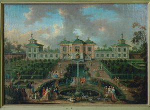 Vida cortesana en el parque del palacio de Augustusburg alrededor de la Casa de la India, vista desde el oeste ... de Franz Jakob Rousseau