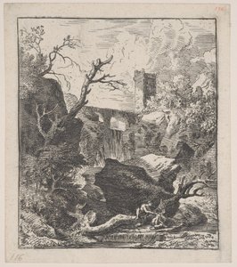 Placa 2: dos figuras sentadas en un tronco de árbol en la orilla de un arroyo en primer plano de Franz Joachim Beich