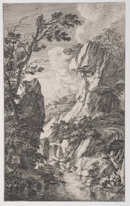 Placa 4: dos pescadores en la orilla de un arroyo a la derecha, una cascada en el centro, ca. 1700-25 de Franz Joachim Beich