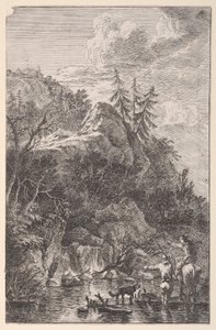 Placa 5: figura femenina a caballo y una figura masculina con un perro de pie en una calle... de Franz Joachim Beich