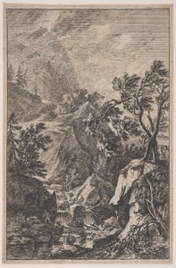 Placa 6: dos figuras masculinas de pie sobre una roca a la derecha, una cascada en el centro con un..., ca. 1700-25 de Franz Joachim Beich