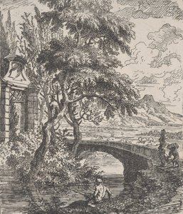 Placa 7: dos figuras a la derecha a punto de cruzar un puente de piedra, un pescador en el fondo de Franz Joachim Beich