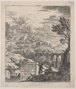 Dos pastores descansando junto a un pedestal, un acueducto a la derecha en el fondo, c. 1700-25 de Franz Joachim Beich