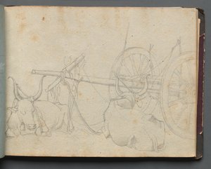Álbum con vistas de Roma y alrededores, estudios de paisajes, página 37a: Bueyes y carro de Franz Johann Heinrich Nadorp