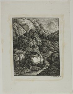 Paisaje montañoso boscoso con una pequeña cascada y sendero de Franz Joseph Leopold