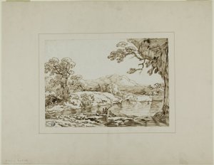 Paisaje con río, colinas distantes y figuras pescando en primer plano de Franz Kobell