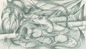 Ciervo y cierva en un paisaje primigenio de Franz Marc