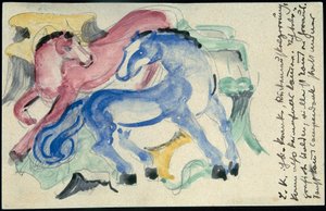 "Caballo rojo y azul", Franz Marc de Sindelsdorf a Wassily Kandinsky en Munich: postal, matasellos del 5 de abril de 1913 de Franz Marc