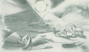 Paisaje prístino con sol, montañas, un grupo de caballos de Franz Marc