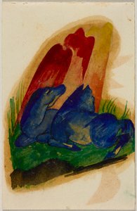 Zwei blaue Pferde vor rotem Felsen, Postkarte aus Sindelsdorf an Wassily Kandinsky in München
