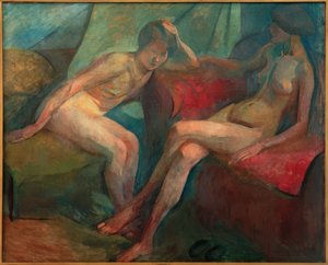Dos desnudos en sofá rojo de Franz Nolken