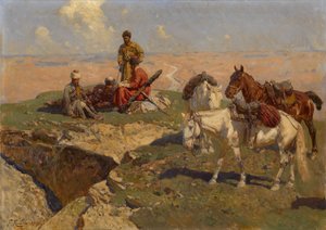 Jinetes caucásicos en reposo, 1917 de Franz Roubaud