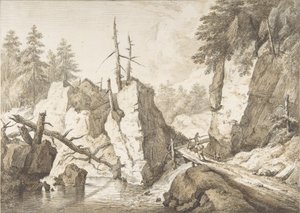 Paisaje montañoso suizo con pequeño puente sobre un arroyo, 1751-81 de Franz Schutz