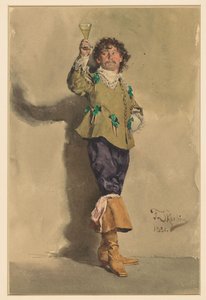 Hombre vestido de Luis XIII, de pie, tres cuartos a la derecha, levantando una copa de vino de Franz Skarbina