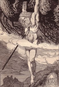 Odín colgando del árbol del mundo. Ilustración para La Edda: Dioses y héroes germánicos por Hans von Wo de Franz Stassen