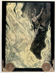 Sigfrido y Locke, ilustración de "El anillo de los niebelungos" de Richard Wagner (1813-83), antes de 1914 (litografía en color)