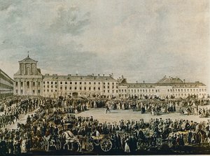 Cortejo fúnebre de Ludwig van Beethoven en 1827 desde la Schwarzspanierhaus hasta la iglesia de la Santísima Trinidad en la Alsergasse, Viena (acuarela)