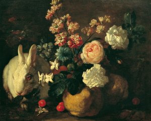 Bodegón con conejos, flores y frutas.