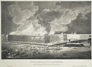 Incendio en el Palacio de Invierno el 29 de diciembre de 1837, c. 1838 de Franz Wolf
