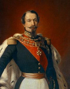 Retrato de Napoleón III (1808-1873), Emperador de los Franceses frente a una vista del Chateau de Saint Cloud. (detalle) Pintura de Franz Xaver Winterhalter (1855)