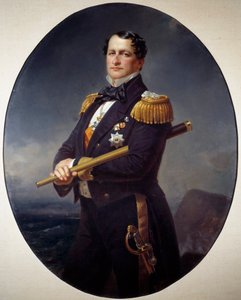 Retrato de un almirante. Un almirante naval, sosteniendo una larga vista, un paisaje marino al fondo de Franz Xaver Winterhalter