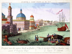 Vista de la Ciudad Baja en Quebec hacia el río San Lorenzo. Grabado por Franz-Xavier Habermann