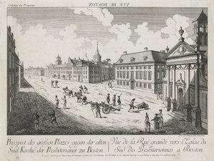Vista óptica de la gran plaza hacia la Antigua Iglesia Presbiteriana del Sur en Boston, c. 1776
