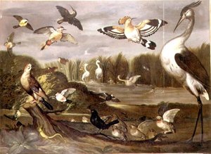 Paisaje fluvial con un arrendajo, una tarabilla, un ánade real, una lavandera y otros pájaros