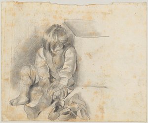 Niño sentado poniéndose la media de Franz von Lenbach