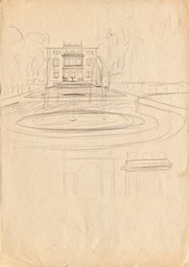 Bocetos de diseño para Matcha Atelier Villa - vista desde el jardín con fuente de Franz von Matsch