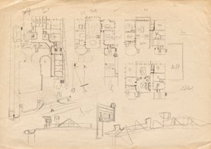 Bocetos de diseño para Matcha Atelier Villa: planos de planta y construcción del techo de Franz von Matsch