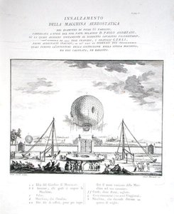 Primer Vuelo Tripulado en Globo Aerostático en Italia realizado por Paolo Andreani en 1784, grabado por Girolamo Mantelli, publicado en 1785 de Fratelli Gerli (after)