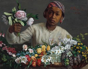 Joven mujer con peonías de Frédéric Bazille