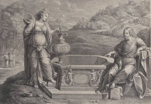 Cristo, sentado a la derecha, y la mujer de Samaria, que está de pie a la izquierda, ca. 1729 de Frédéric Horthemels